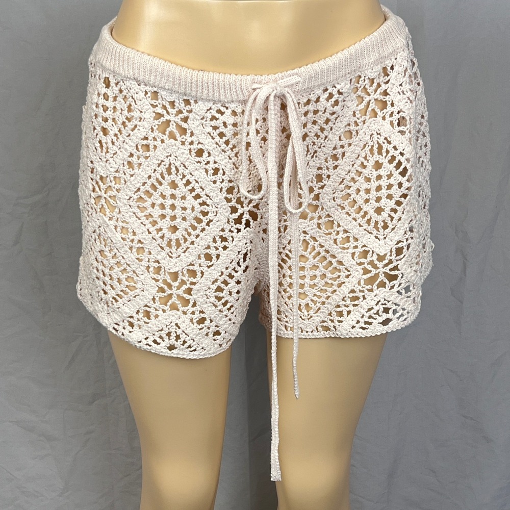 Crochet Hippie Shorts Womens XL Boho Geometric Knit‎ Cream Beach Festival